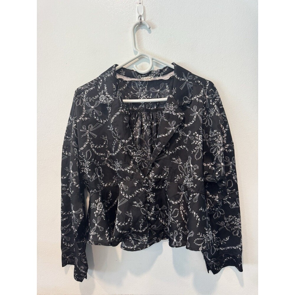 Intimately Free People Beauty sleep Black Floral Bow Print Pajama Top Large - Picture 4 of 10